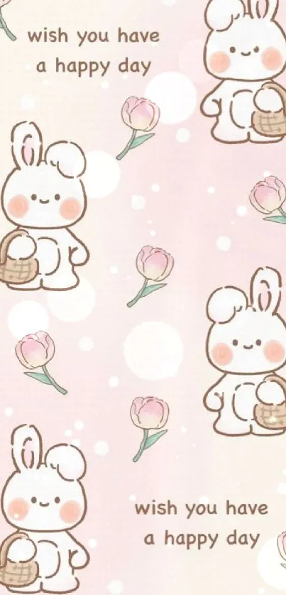 Cute bunny and flowers mobile wallpaper with happy message.