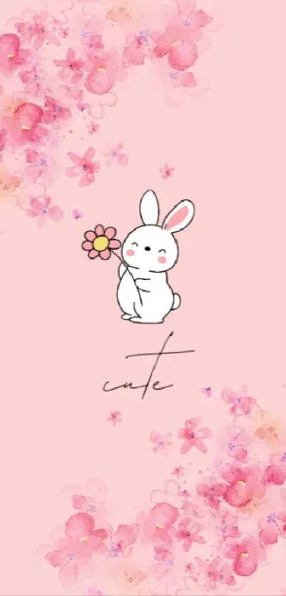 Cute bunny with flowers on pastel pink background wallpaper.