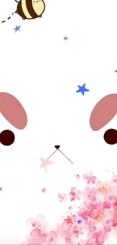 Cute bunny face with pink flowers and stars on a mobile wallpaper.