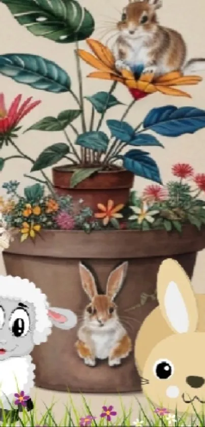 Cute bunnies with vibrant flowers in an illustrated wallpaper.