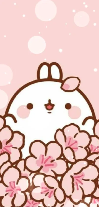 Cute bunny among pink cherry blossoms on light pink background.