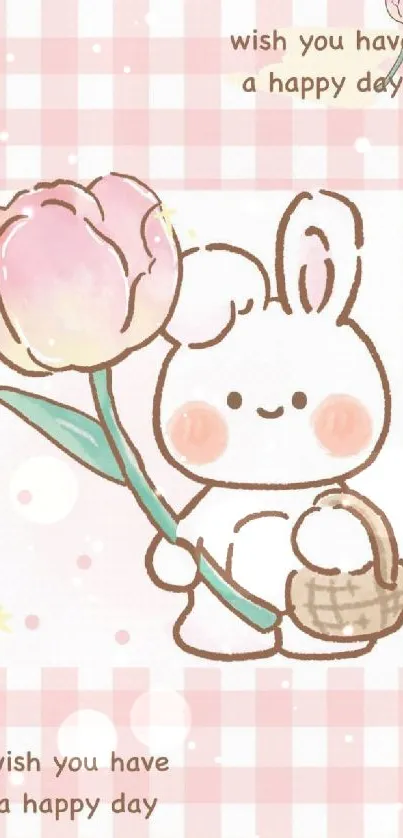 Cute bunny holding flower on pink checkered wallpaper.