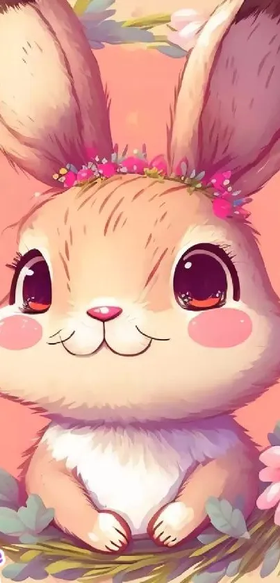 Cute bunny with floral wreath, pastel background.