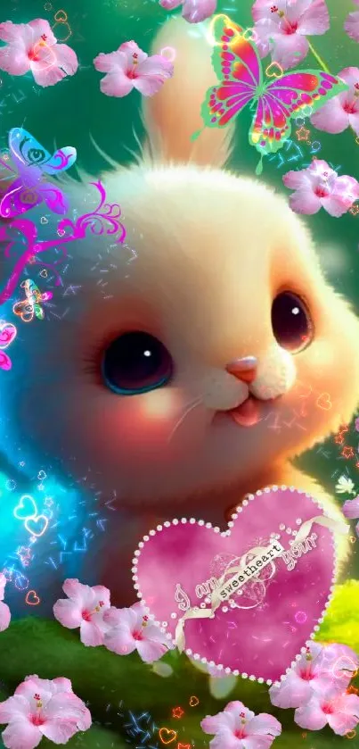 Cute bunny surrounded by pink flowers and butterflies.