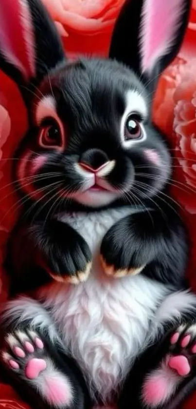 Cute black and white bunny among pink roses.