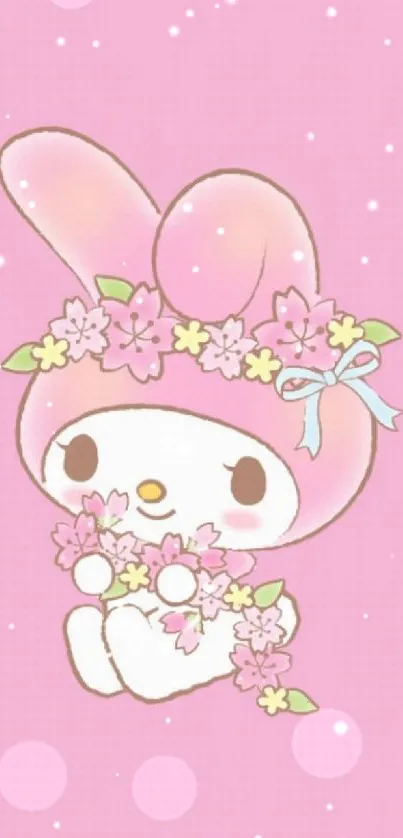 Cute bunny with floral headband on pink background.