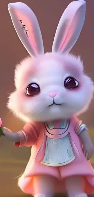 Adorable bunny holding a pink rose in a whimsical, pastel setting.