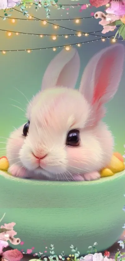 Cute bunny in a green cup with floral border.