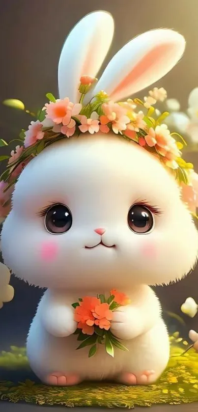 Cute white bunny with a floral crown on its head, holding a bouquet.