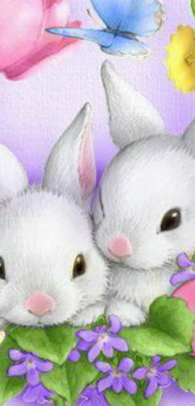 Adorable bunnies with flowers and a butterfly in a pastel scene.