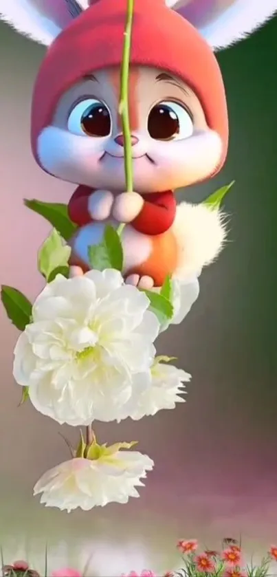 Cute bunny with flowers in a fantasy-themed wallpaper.