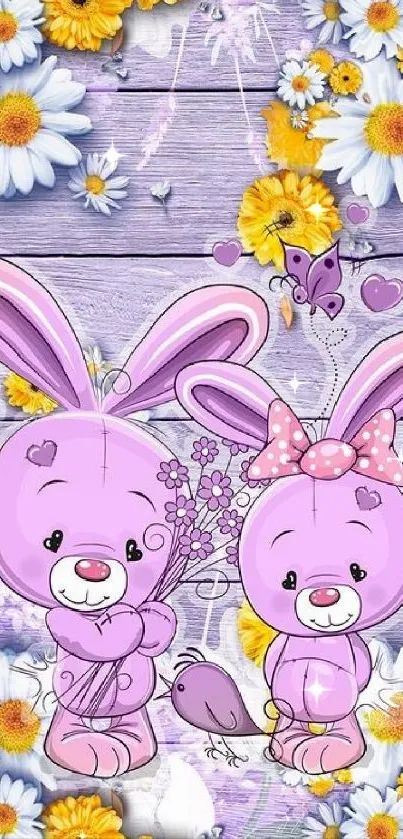 Purple bunnies with flowers on wooden background mobile wallpaper.