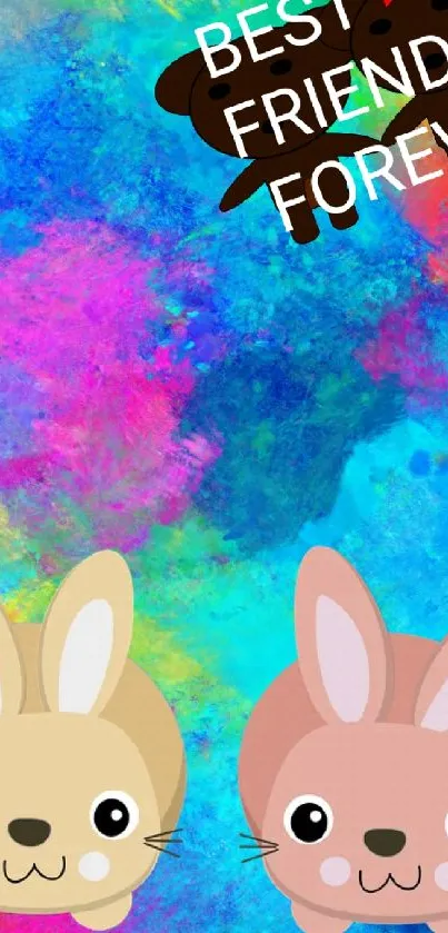 Colorful wallpaper with cute bunnies and a 'Best Friends Forever' message.