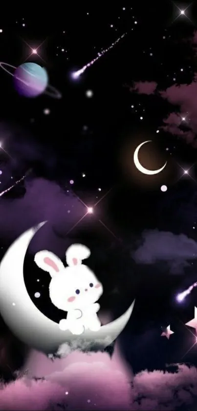 Adorable bunny on crescent moon in a galaxy setting with stars and planets.