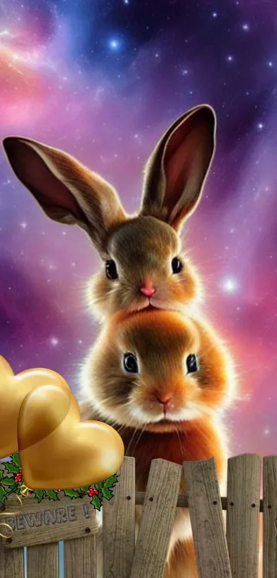 Two bunnies with a vibrant galaxy backdrop, hearts, and sign.