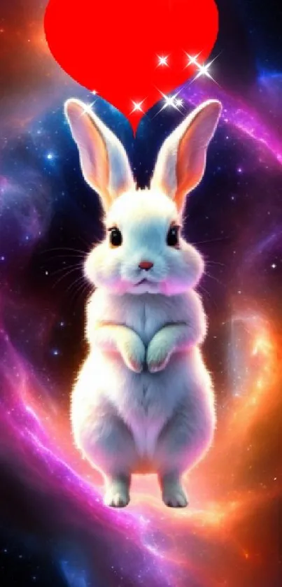 A cute bunny in a galaxy with a red heart above.