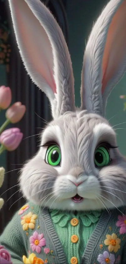 Cute bunny with flowers in a garden setting, green eyes.