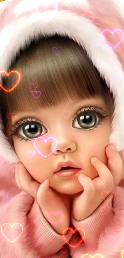 Cute girl in a pink bunny suit with soft glowing background.