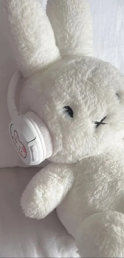 Cute white bunny wearing headphones on a bed.