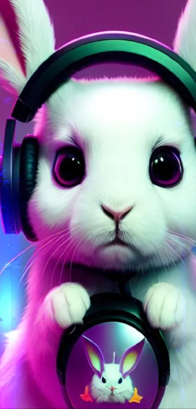 Adorable white bunny wearing headphones in a vibrant purple setting.