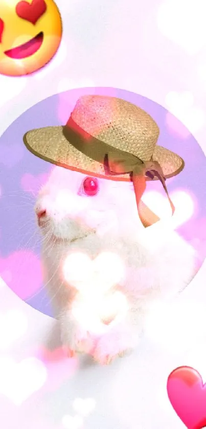 Cute bunny in a hat with love emojis on mobile wallpaper.