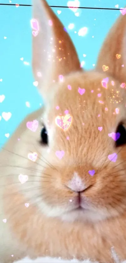 Adorable bunny with heart effects on blue background.