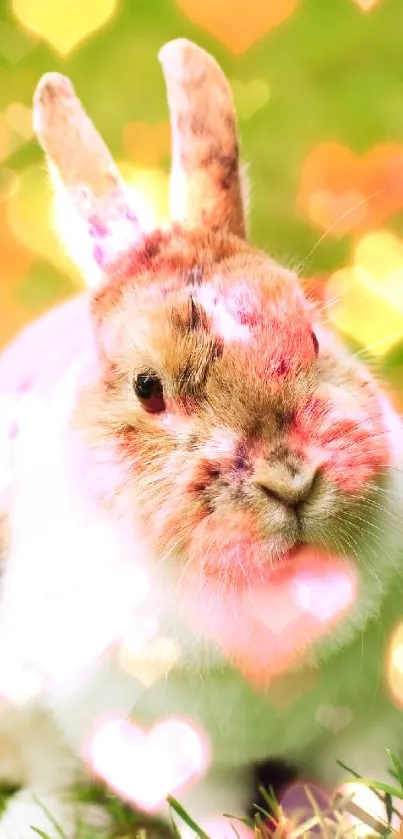 Cute bunny surrounded by glowing hearts on grass.