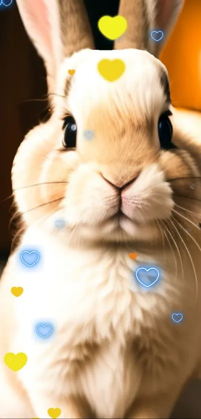 A cute bunny with colorful hearts, perfect for phone wallpaper.