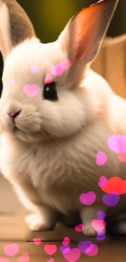 A cute white bunny with colorful hearts around its face.