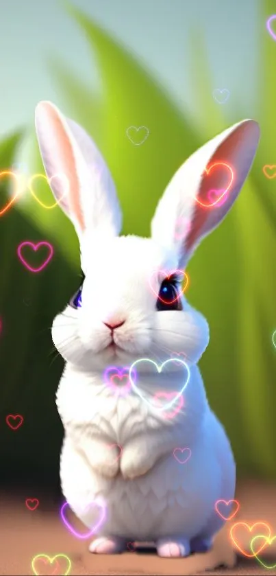 Adorable bunny surrounded by colorful hearts on a vibrant wallpaper.