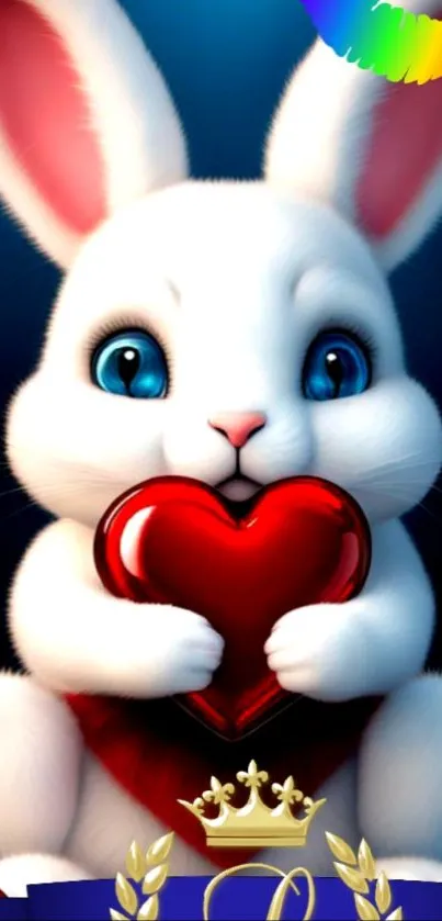 Cute bunny holding a red heart with blue background.