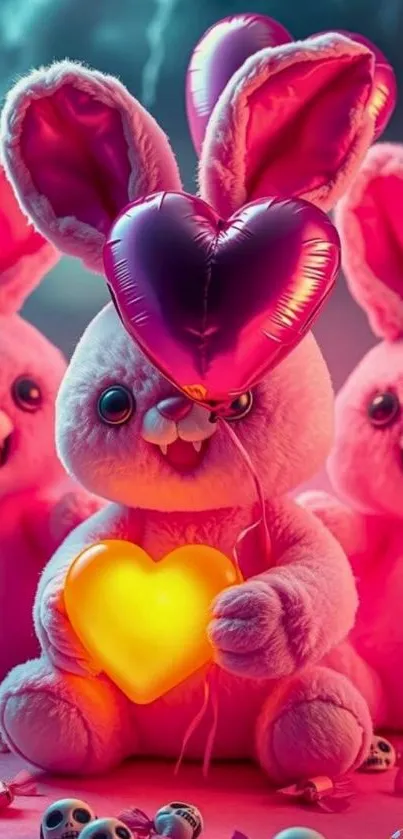 Plush pink bunnies with heart balloons.
