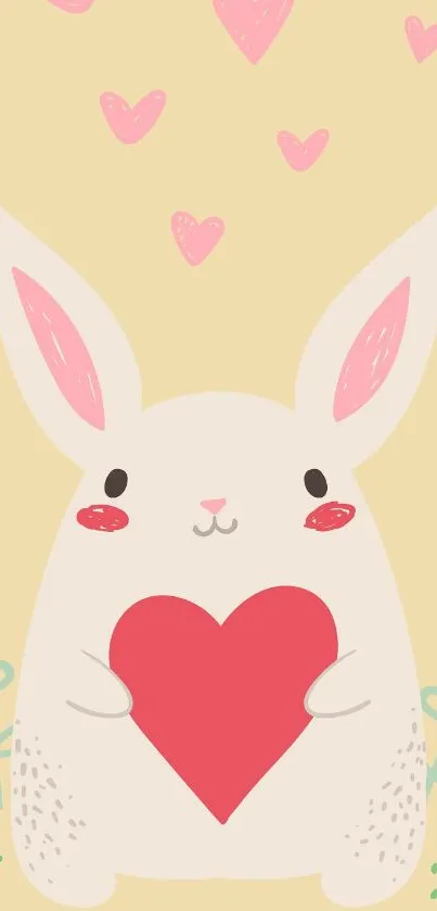 Cute bunny with heart in pastel colors on beige background.