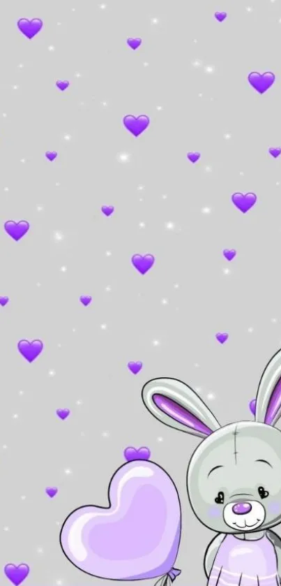 Cute bunny with purple heart balloon on starry background wallpaper.