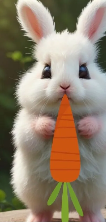 Cute white bunny holding a carrot with green background.