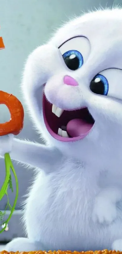 Cute bunny holding a carrot-shaped key in vibrant wallpaper.