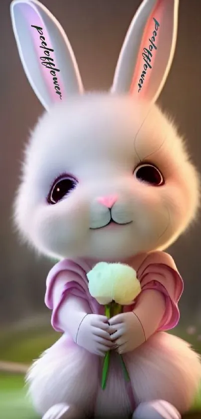 Adorable bunny holding a white flower, perfect for mobile wallpaper.