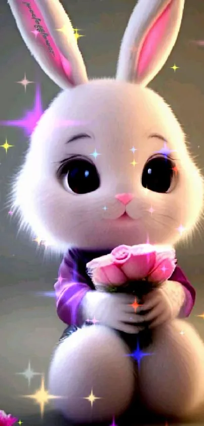 Cute bunny holding pink roses with colorful sparkles background.