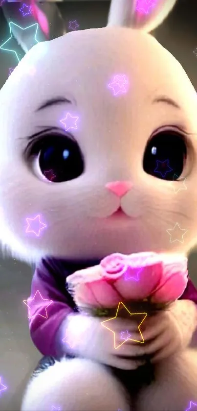 Cute cartoon bunny holding pink roses with starry lights.