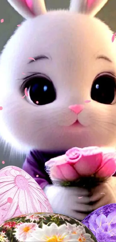 Cute bunny holding pink flowers surrounded by colorful eggs.