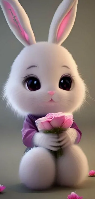 Cute white bunny holding pink flowers with a soft gray background.