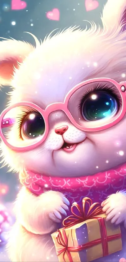 Cute bunny in pink glasses holding a gift with a heart background.