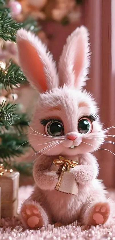 Cute cartoon bunny holding a gift by a Christmas tree.
