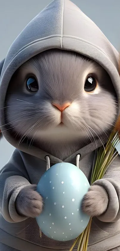 Cute bunny in a hoodie with an Easter egg.