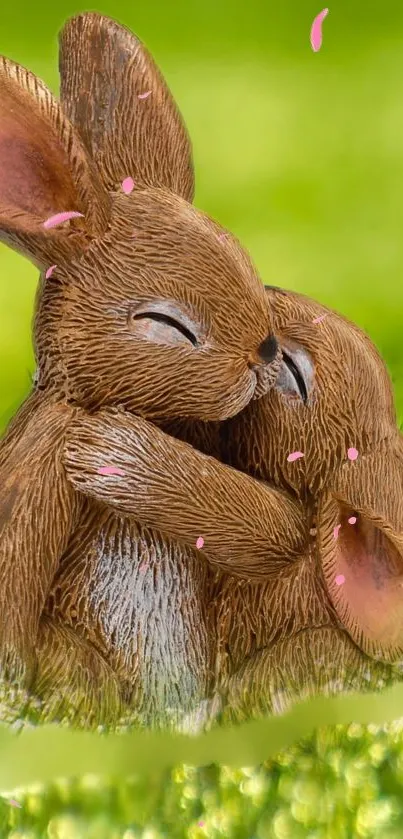 Two cute brown bunnies hugging in a green meadow with pink petals falling.