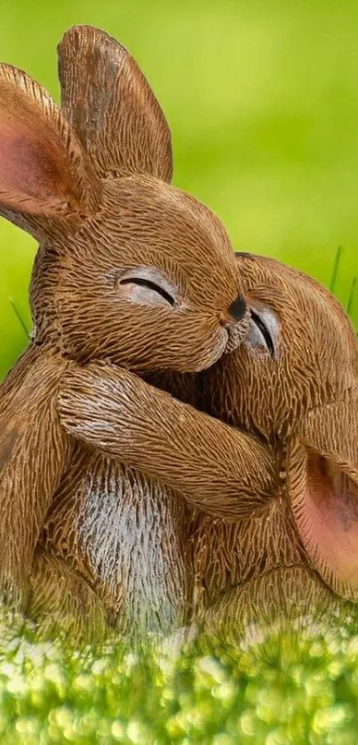 Two cute bunnies hugging on green background mobile wallpaper.