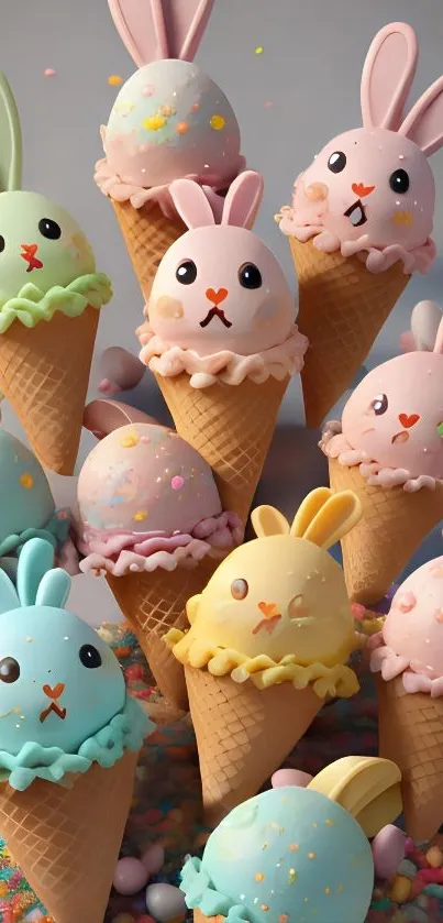 Cute bunny ice cream cones in pastel colors for a fun mobile wallpaper.