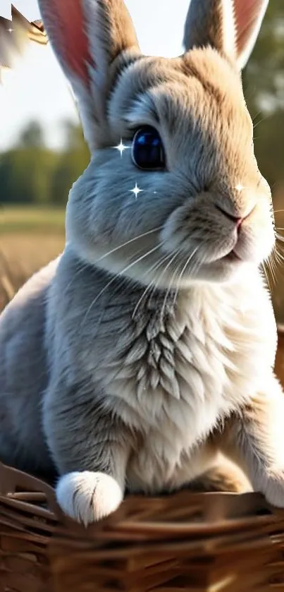 Adorable bunny in a wicker basket outdoors.