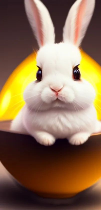 A cute white bunny inside a glowing golden egg.