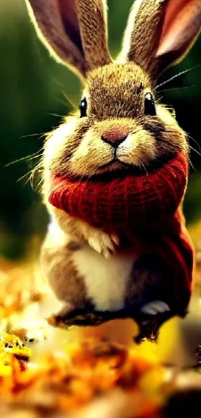 Charming bunny in red scarf amid autumn leaves.